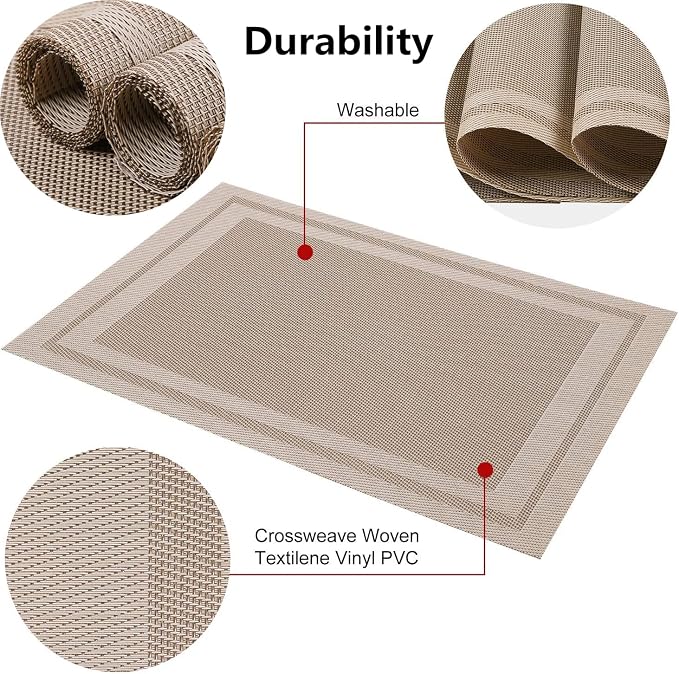 Placemats, Washable PVC Table Mats, Woven Vinyl Placemat for Dining Table Place Mats Set (6 Placemats and 1 Table Runner, Beige-Frames)
