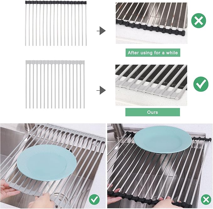 Roll Up Dish Drying Rack Over Sink, 17.5" x 13" Silicone Coated Stainless Steel Sink Drying Rack, Foldable Dish Drainer Rack for Kitchen Counter, Heat Resistant, Non-Slip, Space Saving, Gray
