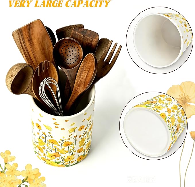 Yellow Flowers Utensil Holder, Ceramic Kitchen Utensil Holder, Utensil Crock for Home Kitchen Countertop Storage Organizer Container, Large Holder for Spatulas, Spoons, Kitchen Counter Decor, 6"