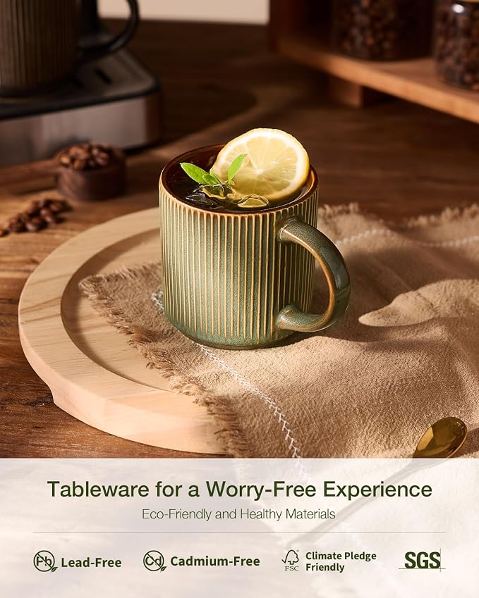 famiware Coffee Mug Set for 4, Star 12 oz Catering Mugs Cup Set with Handle for Coffee, Tea, Cocoa, Milk - Ceramic Stoneware Drinkware Set, Moss Cocoa