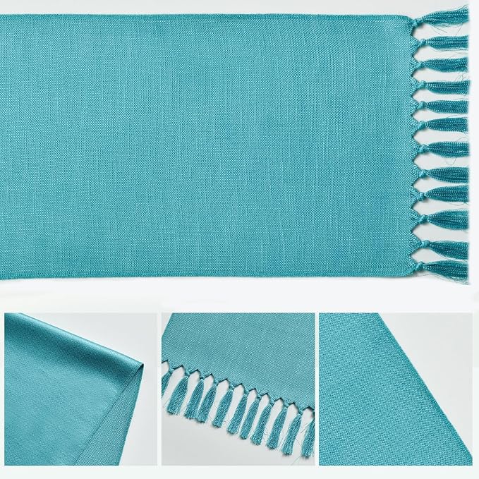 Artoid Mode Teal Tassel Table Runner, Winter Linen Blend Rustic Farmhouse Style Kitchen Table Decoration Holiday Wedding Party Dinning Decor 13x48 Inch
