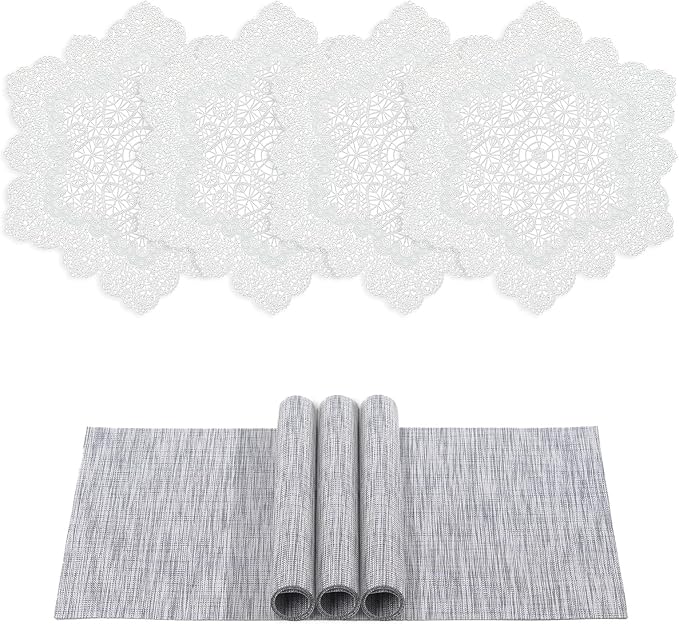 BACKTOEDEN Placemats Set of 4 Heat Resistant Washable Wipeable Placemat Woven Non-Slip Foldable Vinyl/Plastic Place Mats Indoor/Outdoor Mat Kitchen Dining Table Pad, White Snowflake & Gray