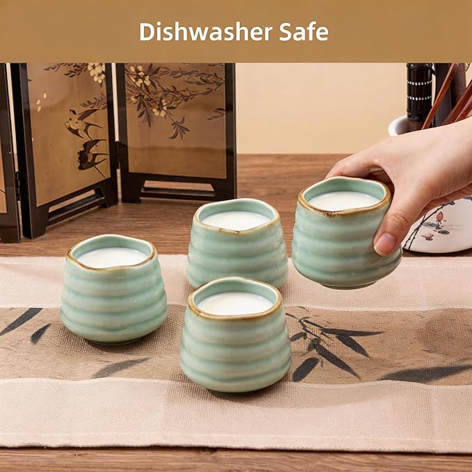 4pcs Japanese Tea Cup Set – Mini Size Cup 5OZ Ceramic Matcha Cup, Handless Espresso Cups, Cute Small Porcelain Coffee Mugs for Coffee Tea Lovers, Dishwasher & Microwave Safe (Mint)