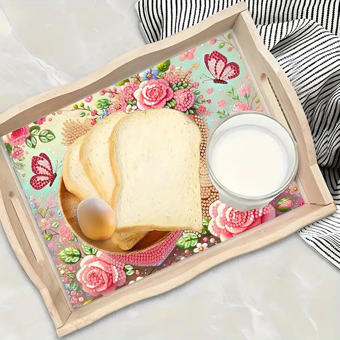 BAYUNOE DIY Diamond Serving Tray Rectangular Breakfast Tray with Handle Handmade Diamond Art Painting Wooden Tray Spring Creative Dinner Plate Coffee Room Living Home Organizer-Owl02