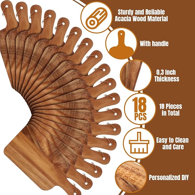 Irenare 18 Pcs Plain Cutting Board Set with Handles 15 x 7 Inch Laser Engraving Wooden Charcuterie Kitchen Serving Chopping Board Bulk for DIY Housewarming Mother Day(Acacia)