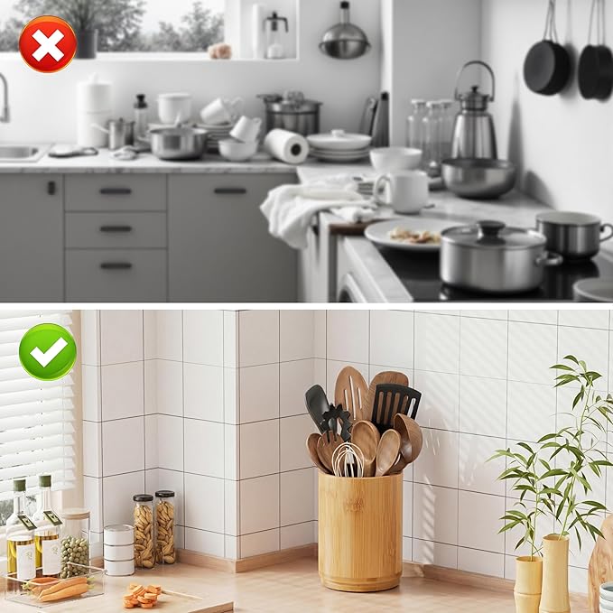 ZUJJAFY Bamboo Utensil Holder, 360° Rotating Kitchen Utensil Holder for Counter, 7.2" Large Cooking Utensil Crock for Countertop, Utensils Organizer for Cooking Spatula Storage