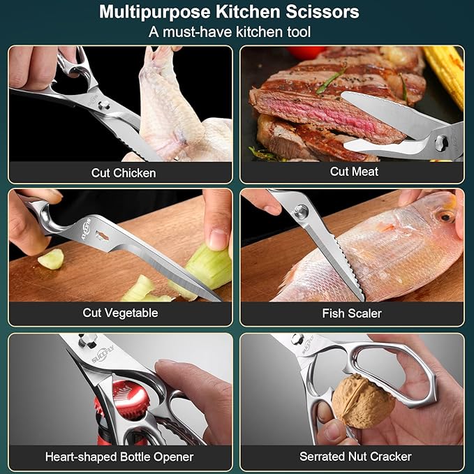 SUCCFLY Premium Kitchen Shears Heavy Duty, Kitchen Scissors for Food, 8.8 Inch Ultra Sharp Meat Scissors Detachable Blade, Silver Titanium Plated Poultry Shears, Anti-Slip Cooking Scissor All Purpose