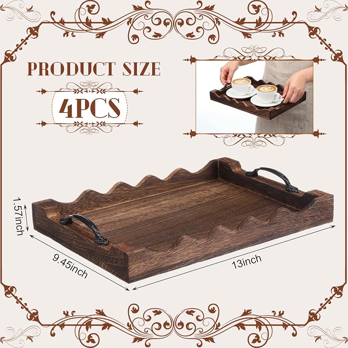 4 Pcs Rustic Wood Scalloped Serving Tray Wood Decorative Serving Tray with Handle Rustic Rectangular Platter 13 x 9.5 for Farmhouse Ottoman Breakfast Coffee Table Home Kitchen Decor(Brown)