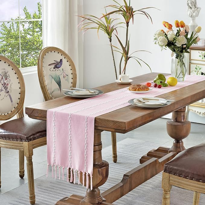 Wracra Rustic Linen Table Runner Farmhouse Style Table Runners 108 inches Long Embroidered Table Runner with Hand-Tassels for Party, Dresser Decor and Dining Room Decorations (Pink, 13"×108")