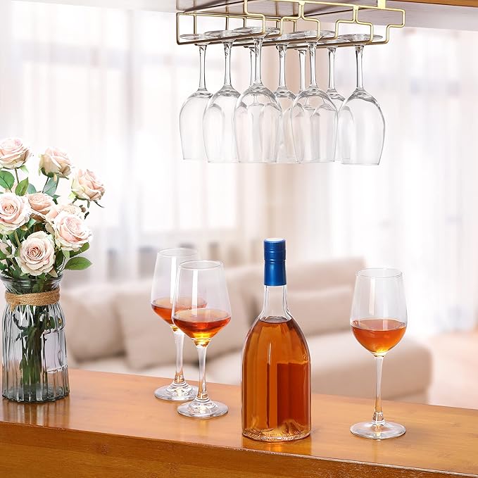 Wine Glass Rack Under Cabinet, Drilling Free No Screw Steamware Holder Under Shelf Metal Wine Glasses Holders 304 Stainless Steel Hanger Storage Organizer Hanging Glass Fit for Bar Kitchen 2 Rows Gold