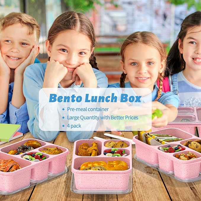 Bento Box 4-Pack 5-Compartment Meal Prep Containers, BPA-Free Plastic, Stackable Food Storage Lunch Boxes for Adults and Kids, School Work Travel (Pink)