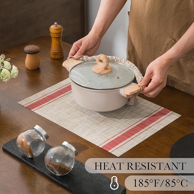 BACKTOEDEN Placemats Set of 6 Heat Resistant Washable Wipeable Placemat Woven Non-Slip Foldable Vinyl/Plastic Place Mats Indoor/Outdoor Mat Kitchen Dining Table Pad, Red Skyline