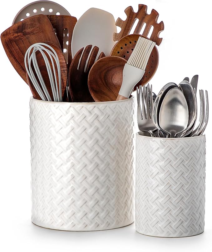 Nucookery Utensil Holder for Kitchen Counter, White Large Stable Ceramic Cooking Utensil Crock for Countertop Organizer, Farmhouse Decor,Set of 2, 7.1"&5.4", Christmas Thanksgiving Gift, Woven Pattern