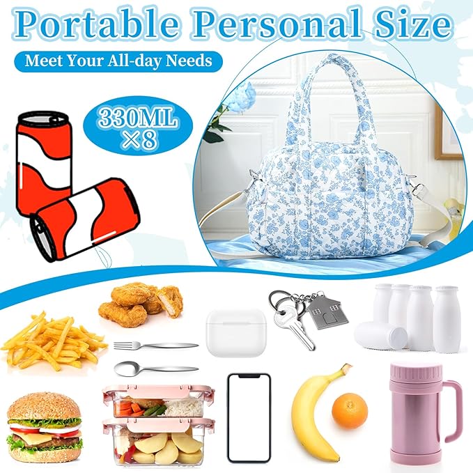 Zhehao Cute Lunch Bag for Women Large Quilted Insulated Lunch Box with Shoulder Strap, Crossbody Portable Leakproof Cooler Tote Bag for Adult Work Teacher Staff Office Travel Picnic(Blue Flower)