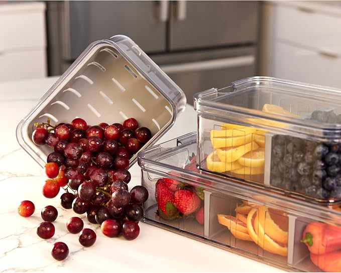 iDesign Small Fridge Berry Bin with Removable Colander Basket and Lid - Set of 6 - Clear/Gray