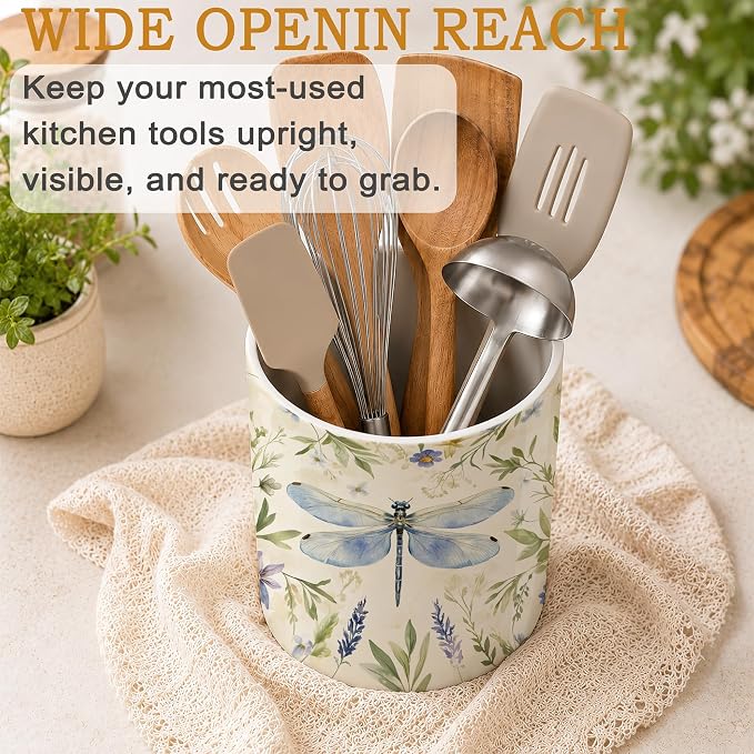 Dragonfly Utensil Holder for Countertop,Flower Plant Retro Ceramic Utensil Crock Organizer for Home Kitchen Spoons,Spatulas and Cooking Tools