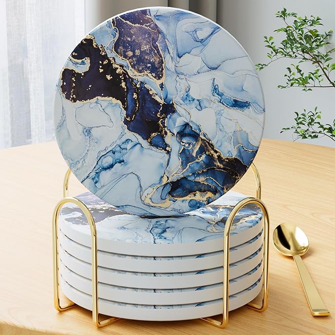 6Pcs/Set Marble Abstract Ceramic Coasters with Holder, Absorbent Drink Coasters, Coffee Cup Coaster,Round Ceramic Table Coasters Set Decorative