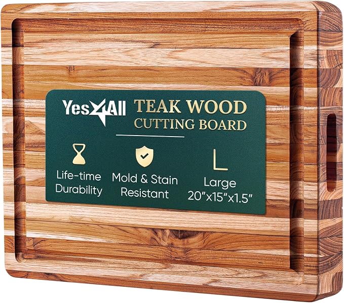 Yes4All Durable Teak Cutting Boards for Kitchen, [20''L x 15''W x 1.5” Thick] Large Edge Grain Cutting Board, Pre Oiled Wood Cutting Boards, Thick Chopping Board w/Juice Grooves and Easy Grip Handle