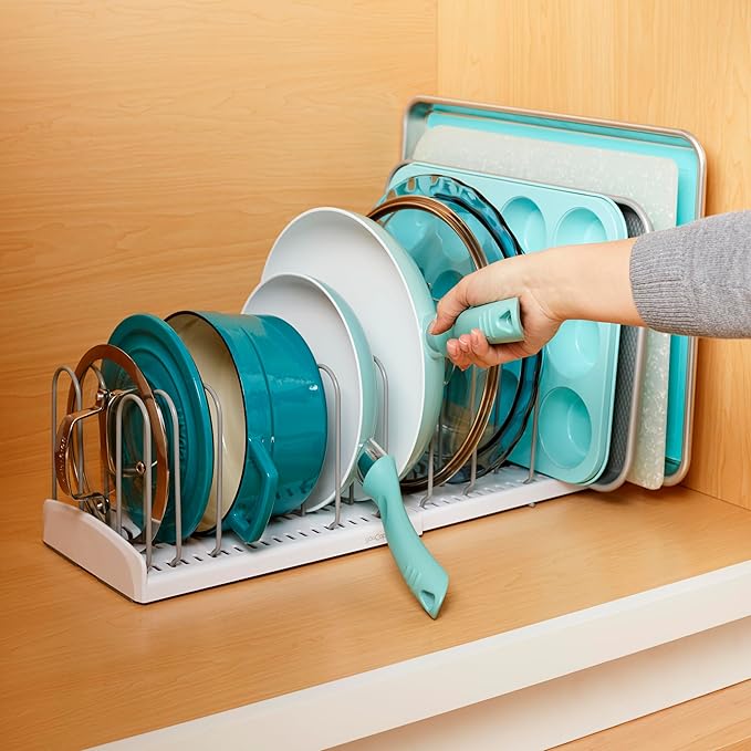 YouCopia StoreMore Expandable Pan and Lid Rack, 12.5"-22" Wide Adjustable Pan Organizer for Kitchen Cabinet Storage, Classic Edition