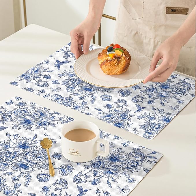 Snycler Table Runner Blue Monochrome Sketch Flower Birds Butterfly Table Cover Retro Floral Kitchen Dining Table Decoration for Indoor Outdoor Home Party Restaurant Supplies (12x18 Inch,Set of 4)