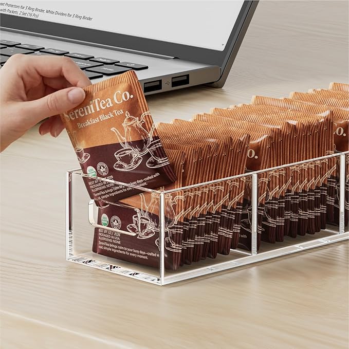 FUCDTEFC Tea Bag Organizer, Small Clear Tea Bag Holder for Drawer Kitchen Cabinets Pantry Countertops Organizers Storage, BPA-Free Acrylic Coffee Pods, Sugar Packets,Plastic Teabag Bins Home Organizer