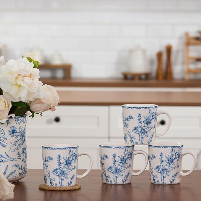 Bico Blue Garden Toile De Jouy Ceramic Coffee Mugs Set of 4, 18 oz Large Tea Cups with Handle, Aesthetic Latte Mugs for Cappuccino Cocoa, Lead-Free, Dishwasher and Microwave Safe, Housewarming Gift