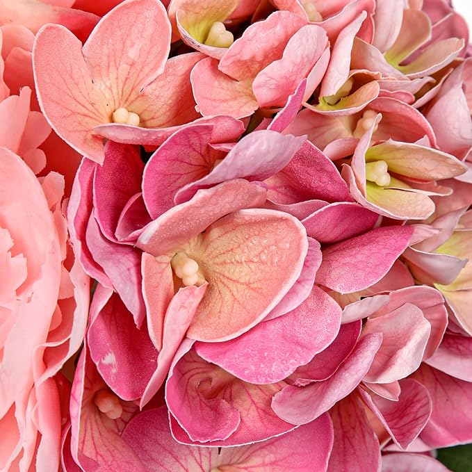 Hollyone Artificial Flowers Arrangements in Vase Pink Peonies and Hydrangea with Faux Water Faux Peony Hydrangea Flowers Silk Hydrangeas Fake Flower with Vase for Table Centerpiece Shelf Home Decor