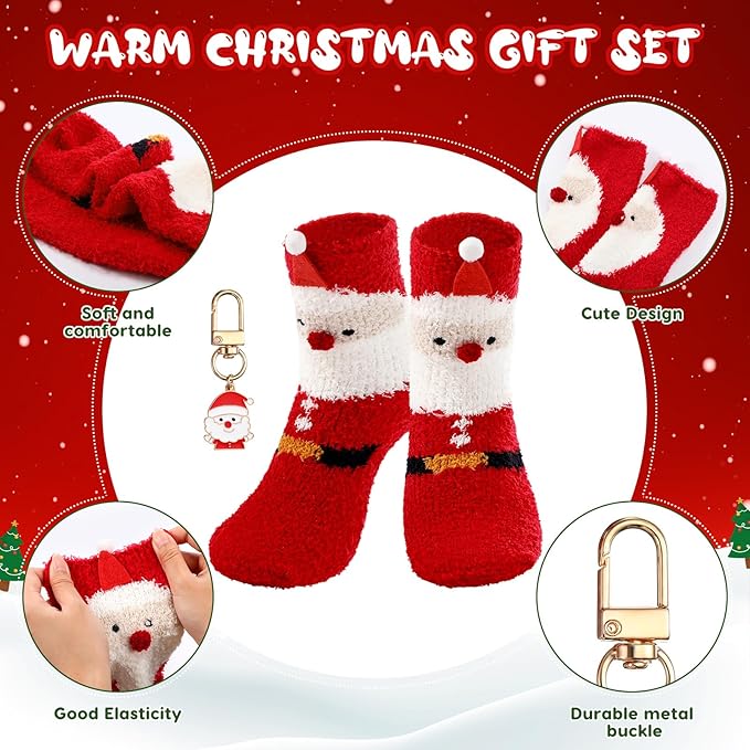 Sliner 4 Pcs Santa Mug Gifts Set Include Christmas Coffee Mugs 17 oz with Red Spoons Funny Winter Fuzzy Socks Mini Santa Claus Keychains Hot Chocolate Cup for Women Men Xmas Holiday Birthday Gifts