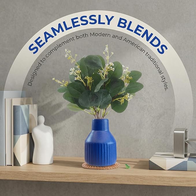 Artificial Eucalyptus Greenery Stems in Ceramic Vase 10Pcs Fake Plants Eucalyptus Leaves for Centerpiece Table Decorations Home Room Decor Office Desk Decor Greenery Decor Indoor (Blue)