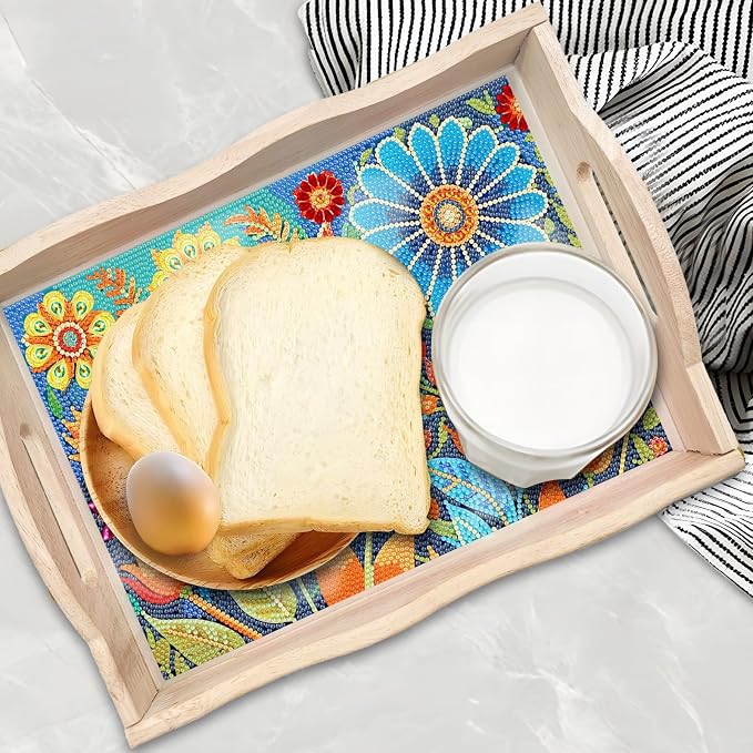 Generic DIY Diamond Serving Tray Rectangular Upgrade Increase Wooden Breakfast Tray with Handles Handmade Diamond Art Painting Dinner Plate for Coffee Living Room Home Organizer-Pattern03