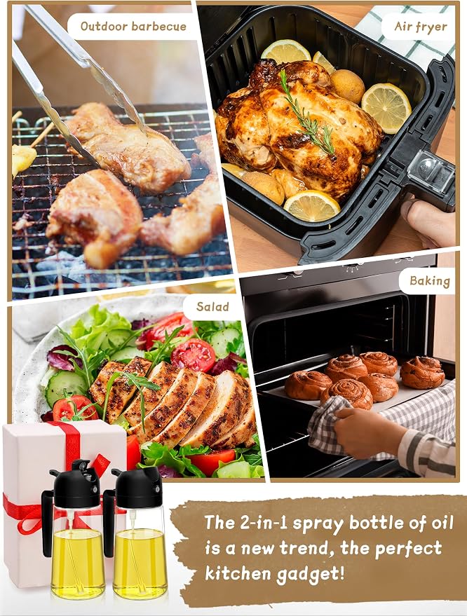 Kitchen Gadgets Oil Sprayer for Cooking 2pcs,Oil Dispenser for Kitchen,2 in 1 Oil Dispenser and Oil Sprayer,16oz Olive Oil Dispenser Bottle for Air Fryer,Salad, Grill (Black KitchenAccessories)