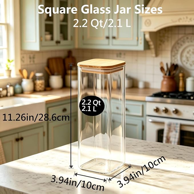 VIEWELLD 2.2 Qt Square Glass Storage Containers with Lids, Clear Food Storage Container Jar with Sealing Bamboo Lid Storage Containers for Pasta, Oats, Coffee, Flour, Sugar, Square Set-3Pack