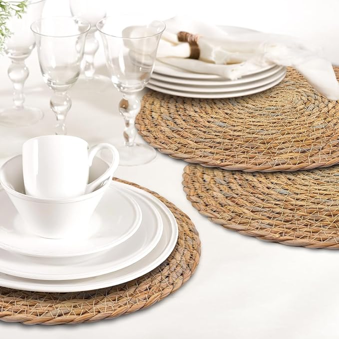 Round Woven Placemats Set of 6, with 72 Inches Long Farmhouse Macrame Table Runner Burlap Cotton Linen Table Runners Chargers for Dinner Plates, Beige & Brown