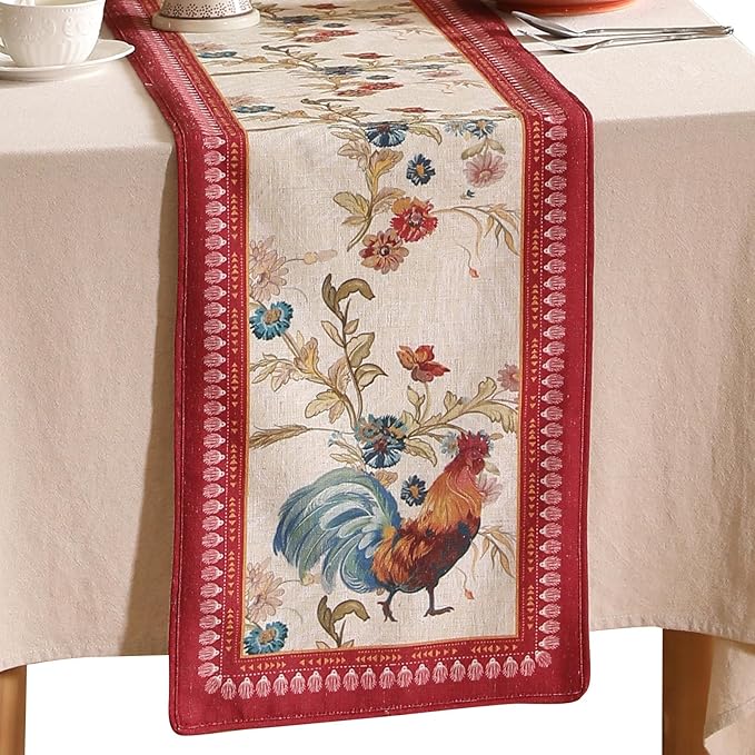 patdrea Designer Farmhouse Linen Table Runner, Rustic Cottage Mauve with Rooster and Floral Pattern Fabric Table Mat, Decoration for Kitchen Dining Coffee Table Banquet Christmas , 12"*87"
