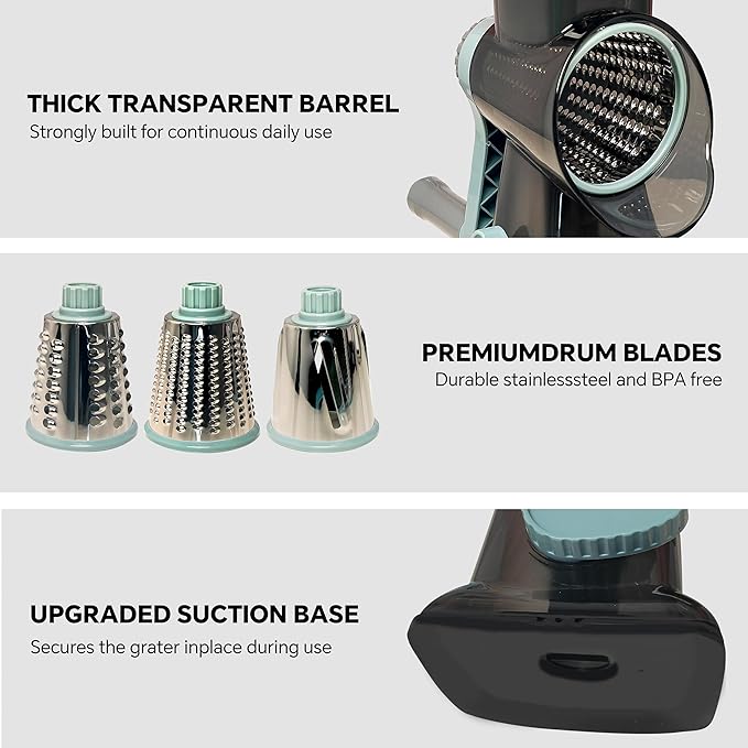 Ultra Rotary Cheese Grater – Manual Hand Crank Cheese grater & Vegetable Chopper 3 Sharp Blades & Reinforced Suction Base - Grater for cheese shredder Nuts, Vegetable - Essential Kitchen Gadgets