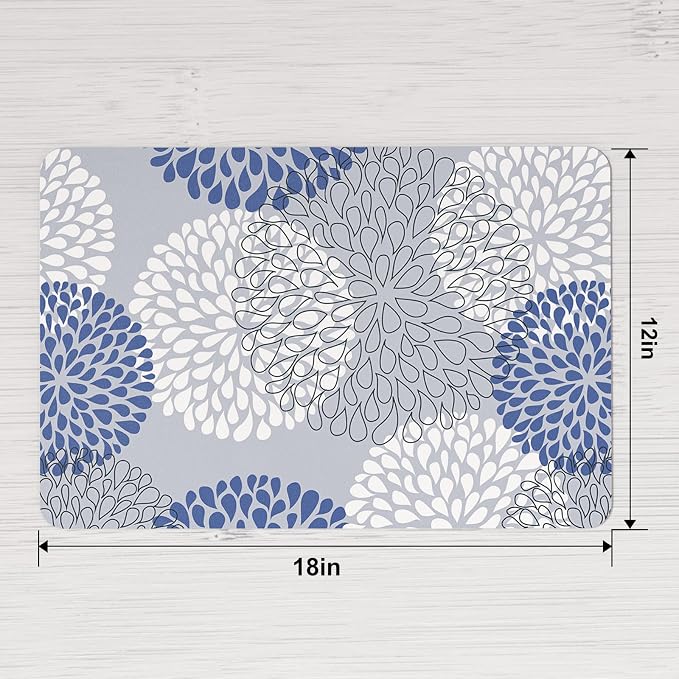 QIYI Placemats Set of 6, 12x18 Inch Faux Leather Place Mats for Kitchen Dinning, Heat Resistant Anti Slip Flower Table Mats, Waterproof Wipeable Washable Placemat Party Table Décor, Blue Floral Burst
