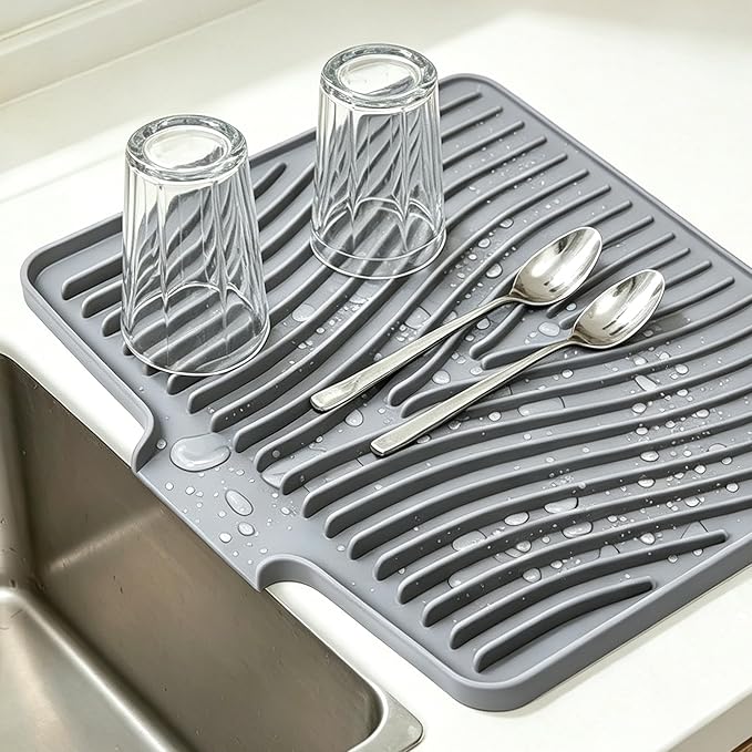 Silicone Dish Drying Mat,Dish Drying Pad,Kitchen Accessories,with Built-In and Non-Slip Drain,Easy Clean, Fit for Kitchen, Bar, RV, Refrigerator and Drawer Liner, 15.7 * 13 in Grey 1PCS by EBIGIC