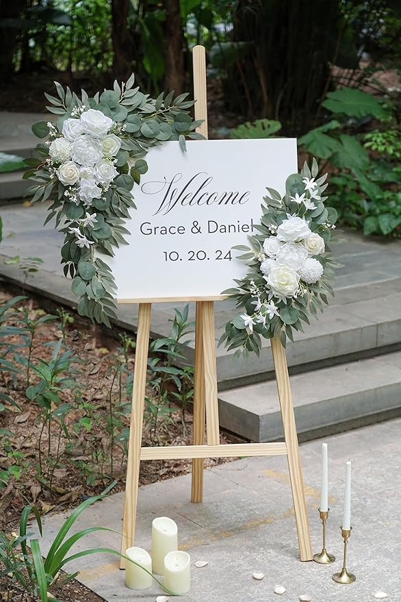 Olalaka Artificial Flower Swag Set of 2 for Wedding Welcome Signs Floral Decorations, White Wedding Arch Flowers for Wedding Ceremony