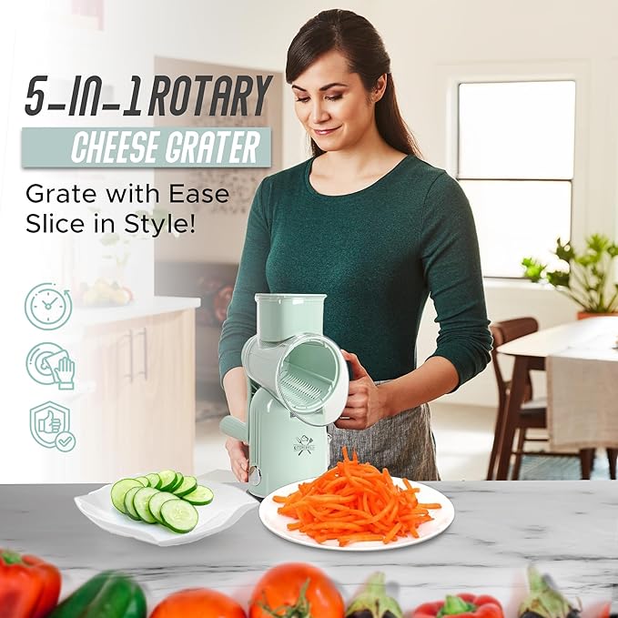 Rotary Cheese Grater Hand Crank, 5 in 1 Vegetable Slicer, Manual Cheese Shredder with Stainless Steel Blades, Food Grater for Cheese Vegetables Nuts, Suction Base, Easy Clean, Green
