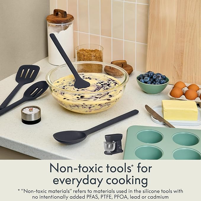 bella 5-Piece Kitchen Tool Set with Magnetic Rack, Silicone, Turner, Spoon, Slotted Spoon, Spatula, Utensil Holder, Magnetic Holder, Non-toxic*, Food-grade, Heat safe to 425°F, Dishwasher Safe, Slate