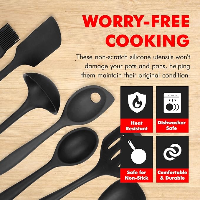 Chef Craft - Premium Silicone Kitchen Tools and Utensils Set, Non-Scratch, Withstands Temperatures up to 450°F, BPA-Free, 7 Piece Cooking Utensils Set, Black