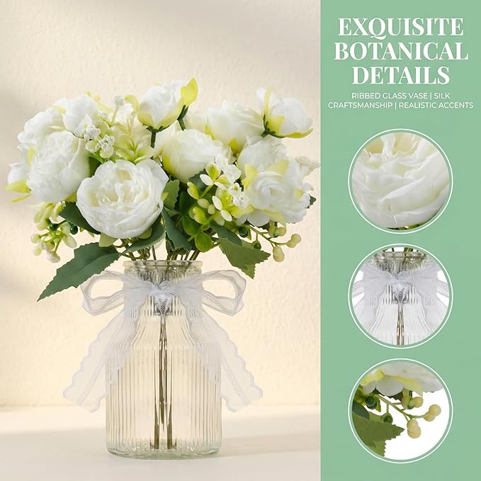 Small Fake Flowers in Vase,2 Packs Pink Peonies Artificial Flowers with Vase, Silk Artificial Peonies Flowers for Desk Bathroom Home Decor Indoor (White)