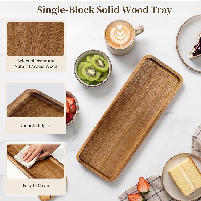 Small Wooden Tray | Acacia Wood Tray for Vanity, Bathroom Counter, Coffee Table & Toilet | Perfect for Jewelry, Remote, Perfumes & Catch All | Mini Charcuterie Board Serving Platter (Rectangular)