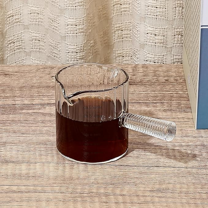 Koythin Glass Measuring Cups, Espresso Shots Cup for Latte Cappuccino, Minimalist Espresso Cups with Double V-Shaped Spout, Ribbed Coffee Bar Accessories with Glass Handle, 3 oz/180 ml (Cylindrical)