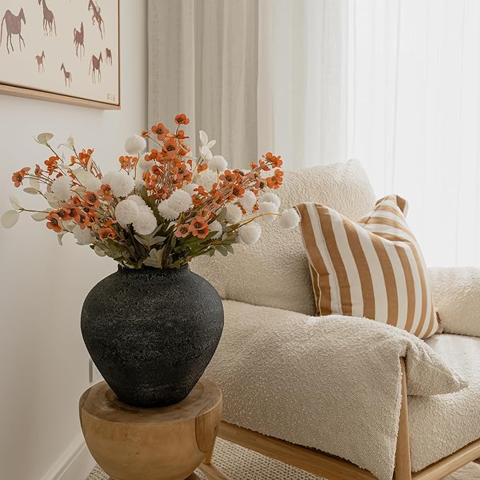 SilkSerenade White Silk Kiku Flower Arrangements with Eucalyptus & Umber Wild Flowers for Home Decor, Fake Flores Long Orange Tall Mums Earthy Rust Stems Artificial Floral Kitchen Dining Centerpieces