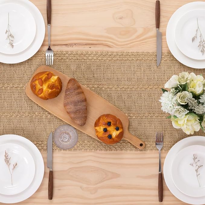 Niviy Burlap Boho Table Runner for Spring Home Decor 132 Inches Long, Modern Farmhouse Decor Rustic Macrame Woven Coffee Table Runners for Summer Dining Table Decoration, Burlap Brown
