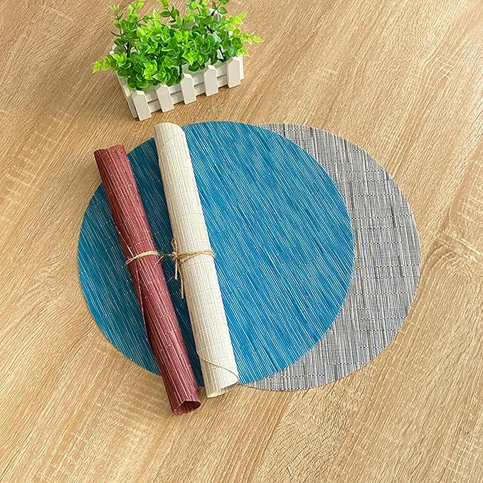 Round Placemats Set of 6 Woven Table Mats Washable Non-Slip Place Mats 13.8 Inch for Christmas Decoration Home Wedding Party,Off White