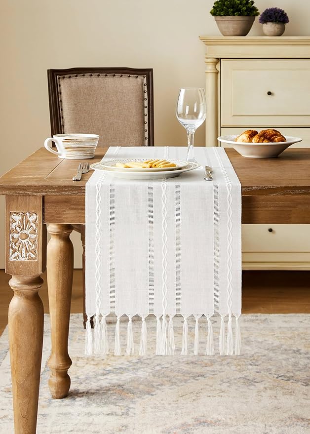 Christmas Table Runner, White 13x72 Inch, Hemstitched Farmhouse Cotton Linen Boho Table Runners 72 Inches Long, Embroidered Striped Rustic Home Decor