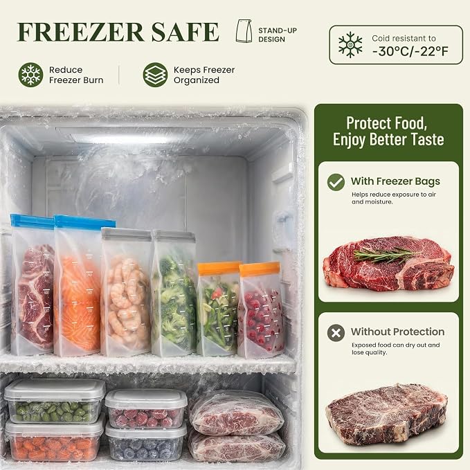 Dishwasher Safe Reusable Storage Bags Stand Up - BPA Free Reusable Sandwich Bags - Leakproof Gallon Freezer Bags, Food Storage Bags - Multicolor 4 Large+ 6 Sandwich + 4 Snack Bags