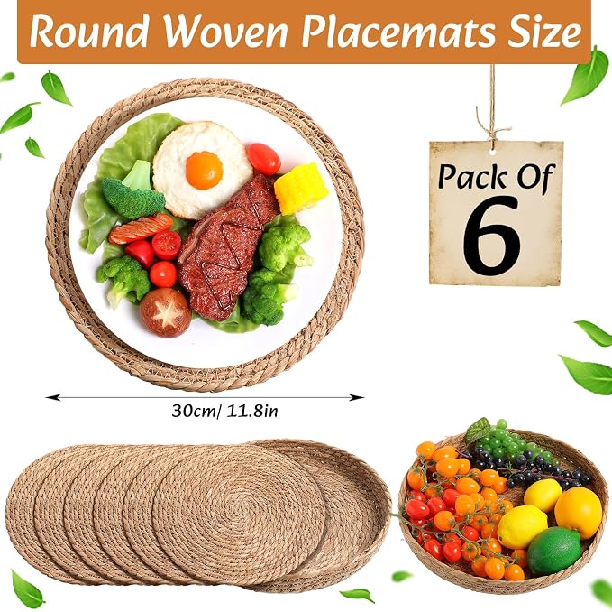 Boho Placemats 4/6/8 Set of Round Woven Placemat Macrame Style Bicolor Stitching Long Table Runner Farmhouse Rustic Natural Burlap Cotton for Kitchen Dining Table(6 Sets,Khaki A,12x72)
